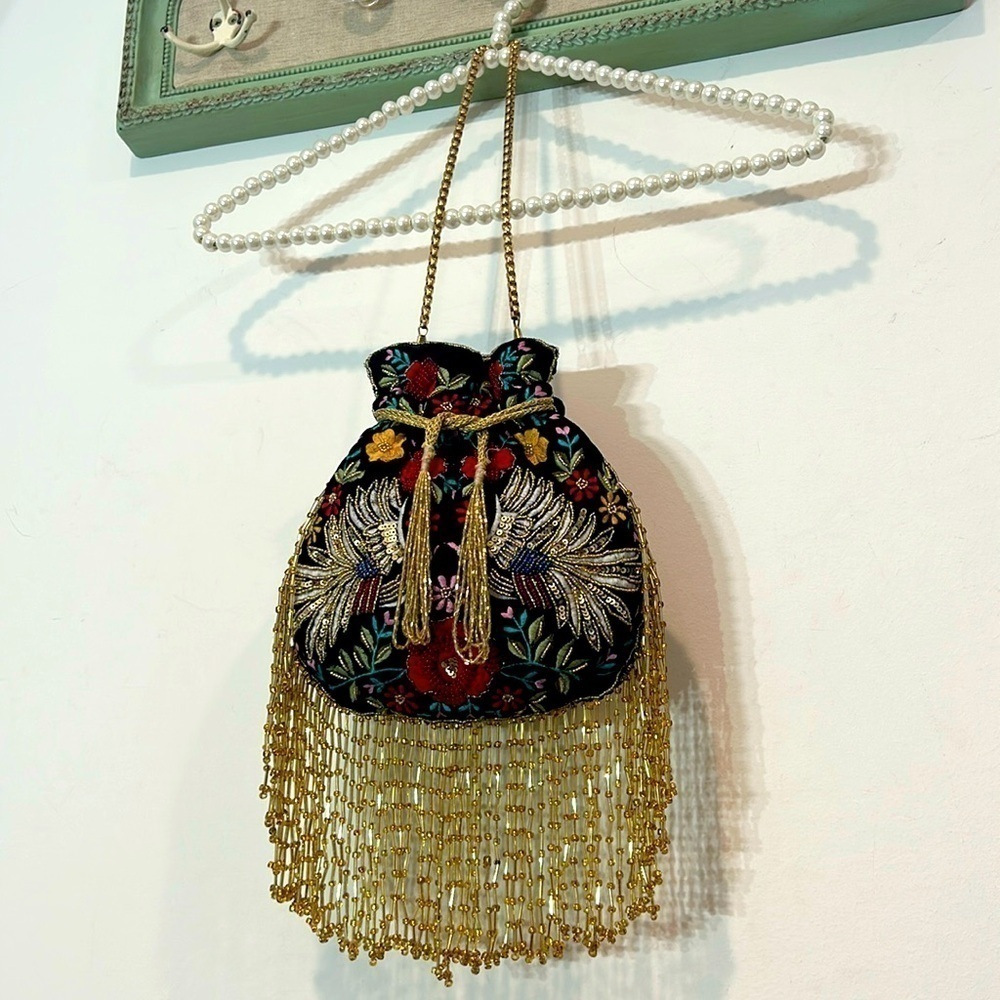 RAMLA Traditional velvet embroidered beaded floral bird wedding bag handcrafted